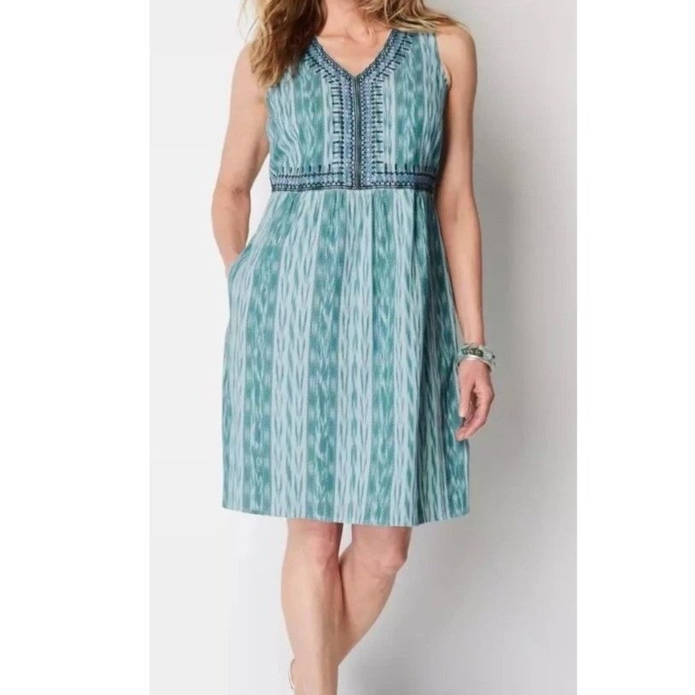 J. Jill Teal White Ikat Embroidered Cotton Sleeveless V-Neck Pocket Dress XL